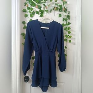 😘New Blue Long Sleeve waist tie ruffled romper